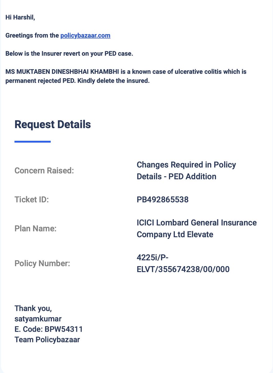 Harshil10100's tweet photo. @policybazaar @ICICILombard scammed me! Ported my parents' insurance, disclosed PED but it wasn’t included. ICICI rejected it despite 4 years of premiums. Completely unfair!

#fraud #insurance #scamfund #Policybazar #ICICIBank #lifeinsurance
#Health #IRDAI #insurance #IRDA https://t.co/9KxaAprsgE