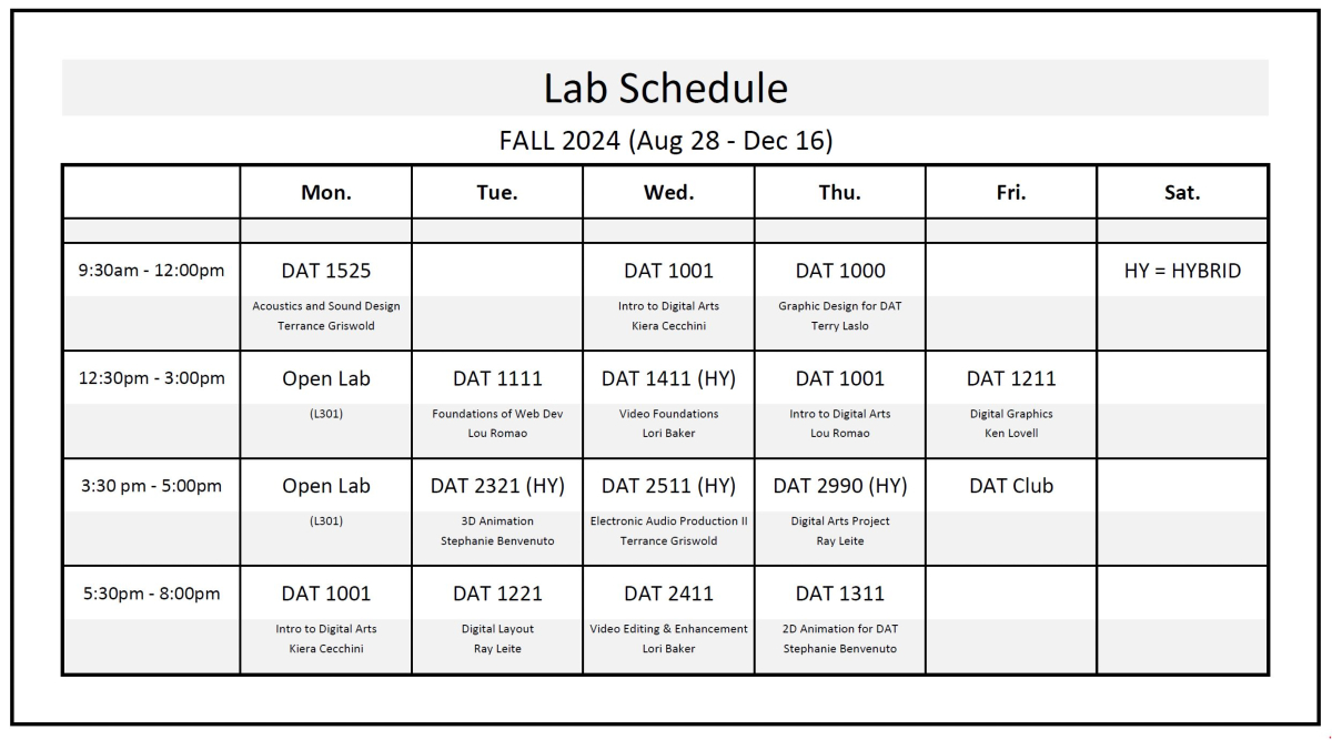 DAT_NVCC's tweet photo. Here is the DAT Lab Schedule (room L303) for the Fall 2024 Semester!

Feel free to join us for DAT Club every other Friday (next meeting is October 11th) from 3:30pm-5:00pm! https://t.co/Ow1E3zONW4