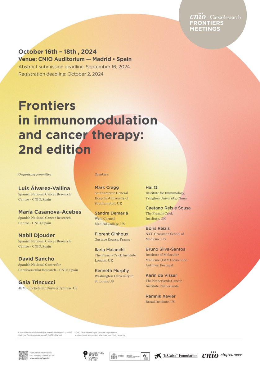 CaixaResearch's tweet photo. 🤝 Los investigadores #CaixaResearch David @SanchoLab, del @CNIC_CARDIO, y @BSilva_Santos, del @GIMM_Institute en Portugal, estarán en el próximo #CaixaResearch Frontiers Meeting #CFM_Immunomodulation.
¡No te lo pierdas! Inscríbete aquí 👉 https://t.co/7YUBXqLjcS https://t.co/iV4x0R8Qbk