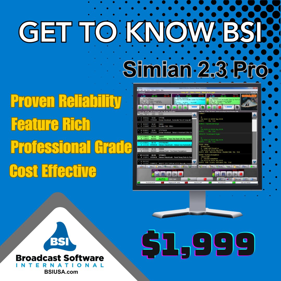 Broad_Soft_Intl's tweet image. Features, Features, Features!
Check out Simian 2.3 Pro
bsiusa.com/product/radioa…

#BroadcastSoftware
#RadioAutomation
#MediaSoftware
#BroadcastEngineering
#RadioSoftware