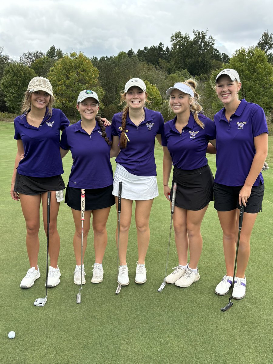 HSHSwomensgolf's tweet photo. SWAC Conference Championship today @KeithHills27! Tee times begin at NOON! 
Lineup for today - Kelsey, Jeannie, Lydia, Carson and Kathryn
Let’s go HAWKS!! 💜💛⛳️🦅💛💜 @HSHawksAD @GoldenHawksClub https://t.co/1DCX2oHDl8