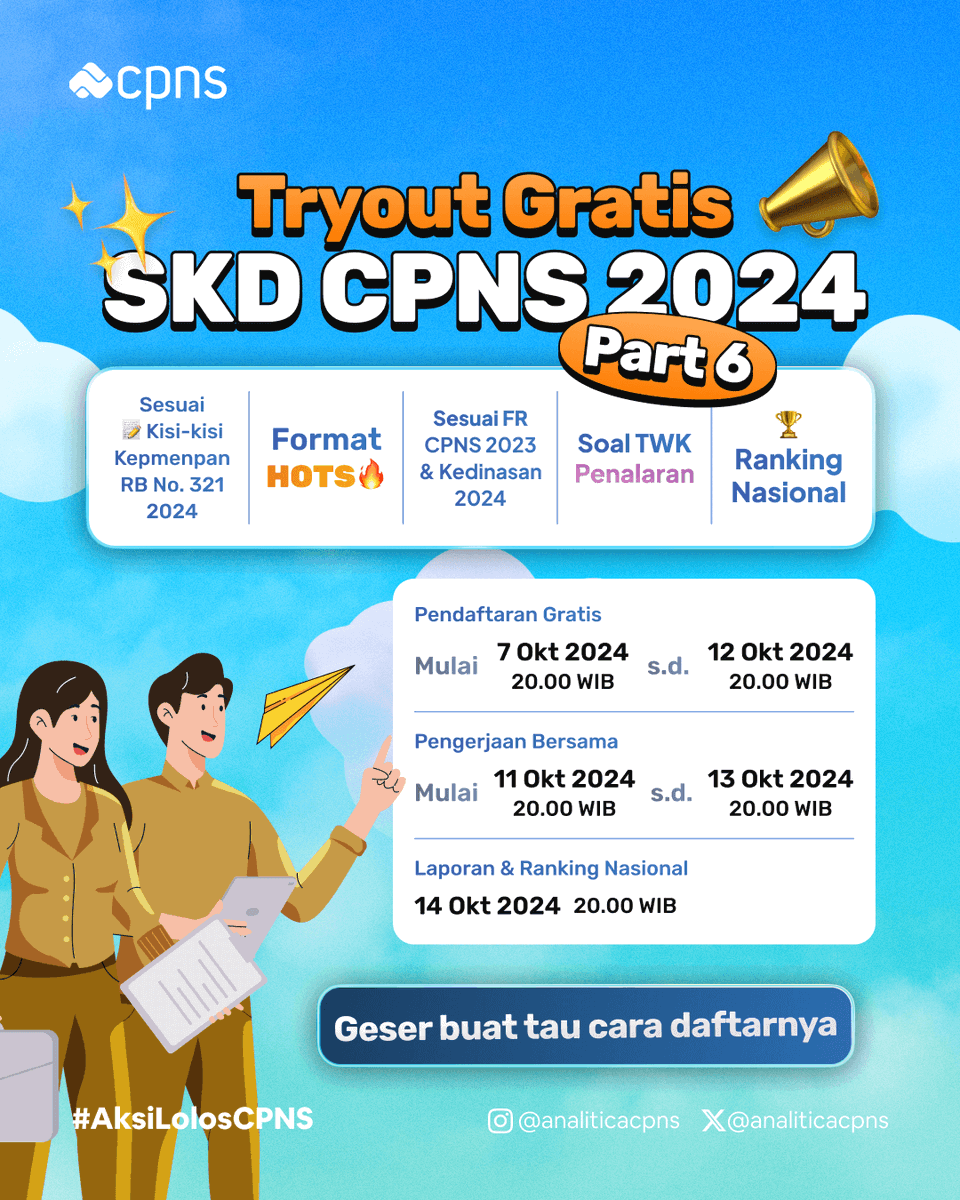 analiticacpns's tweet image. TRYOUT GRATIS SKD CPNS ANALITICA PART 6 😁

📆Daftar Gratis:
Mulai 7 Okt 20.00 WIB s.d. 12 Okt 20.00 WIB

📝Pengerjaan:
Mulai 11 Okt 20.00 WIB s.d. 13 Okt 20.00 WIB

📄Laporan &amp;amp; Ranking Nasional:
14 Okt 20.00 WIB

Gimana cara daftarnya? 👇
