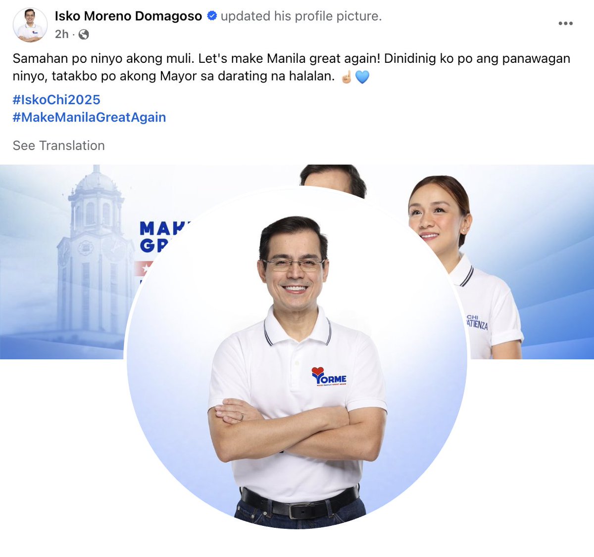 ABSCBNNews's tweet photo. Former Manila mayor Isko Moreno announces bid to reclaim the capital's mayoralty in #Halalan2025. His former ally, incumbent Mayor Honey Lacuna, will be his closest rival. https://t.co/Up13V1vsLN