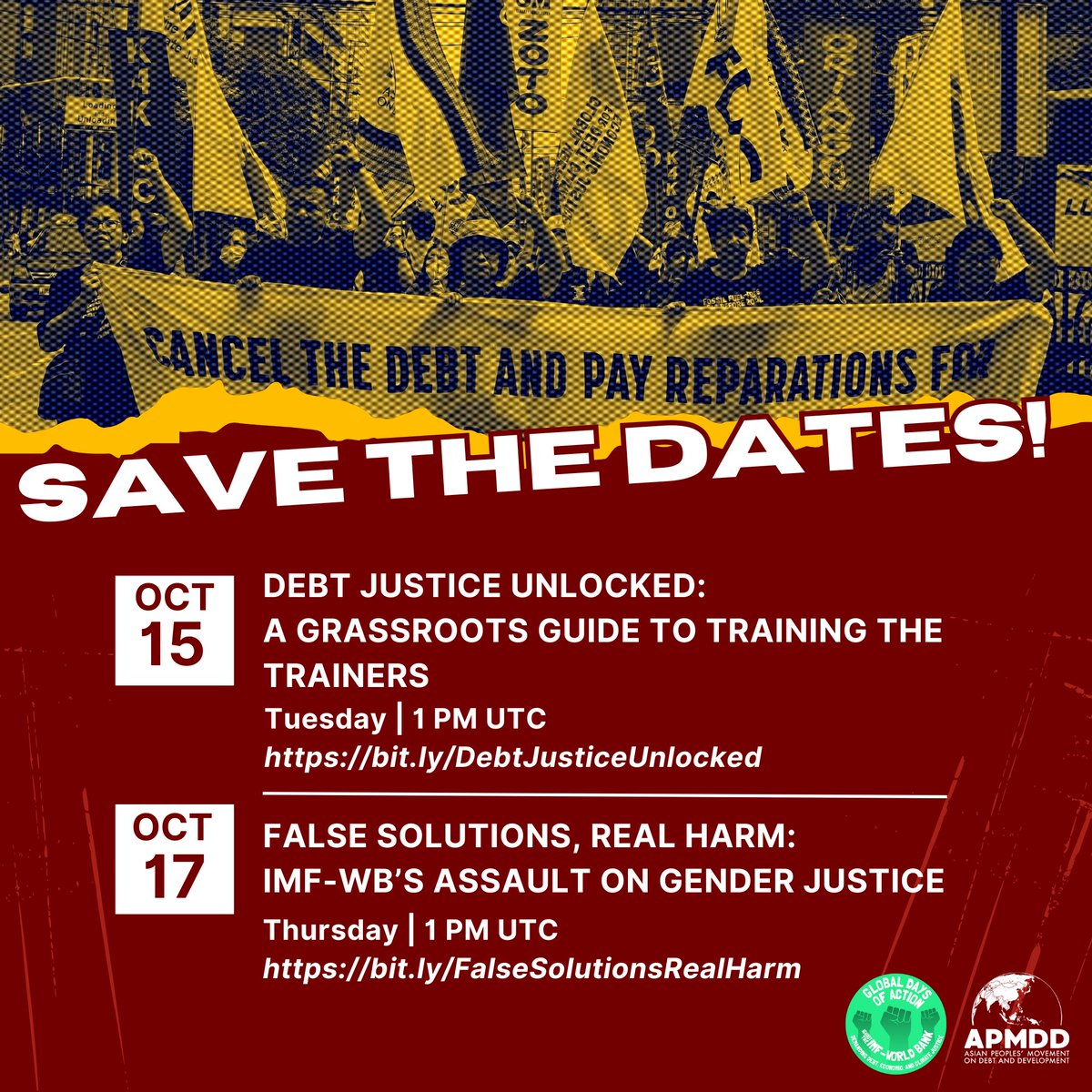 📢Save the Date!
Join us for two exciting webinars on October 15 &amp; 17!💻

Don't miss out on engaging discussions and expert insights! ✨
Register here:
👉bit.ly/DebtJusticeUnl…
👉bit.ly/FalseSolutions…

#CancelTheDebt #GDoA2024