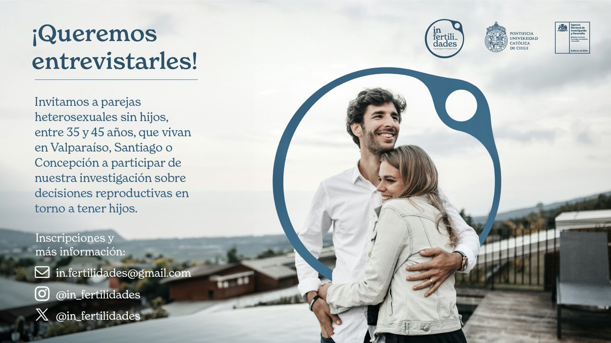 Martina Yopo Díaz (@martinayopo) on Twitter photo Buscamos participantes para nuestro proyecto <a href="/in_fertilidades/">(In)Fertilidades</a>. Invitamos a parejas sin hijos, entre 35 y 45, que vivan en Concepción, Santiago o Valparaíso, a participar de una entrevista sobre decisiones reproductivas en torno (no) a tener hijos. Gracias por difundir Buscamos participantes para nuestro proyecto <a href="/in_fertilidades/">(In)Fertilidades</a>. Invitamos a parejas sin hijos, entre 35 y 45, que vivan en Concepción, Santiago o Valparaíso, a participar de una entrevista sobre decisiones reproductivas en torno (no) a tener hijos. Gracias por difundir