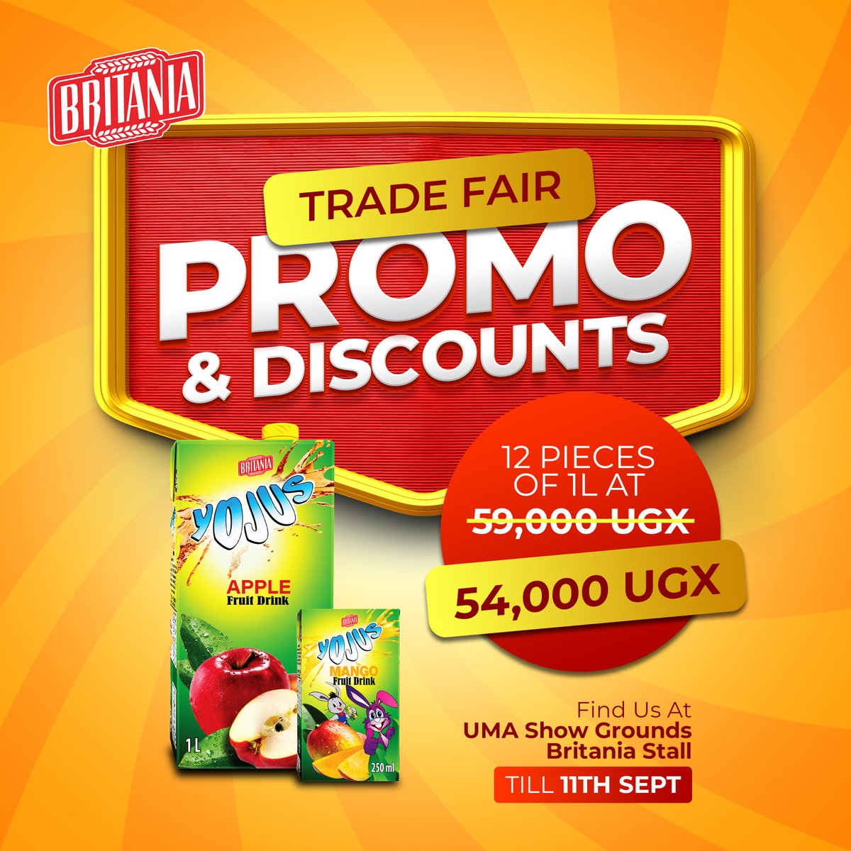 britania_uganda's tweet photo. 🎉 Don’t miss our amazing Yojus deals at the trade fair!
✨ Grab 12 pieces (1 liter) for just 54,000 (down from 59,000) or stock up on 24 pieces (250ml) for only 24,000ugx (down from 34,000)
Refresh yourself with Yojus, great taste at a fantastic price🥳
#tradefair #yojus https://t.co/rgh2q8lOSo