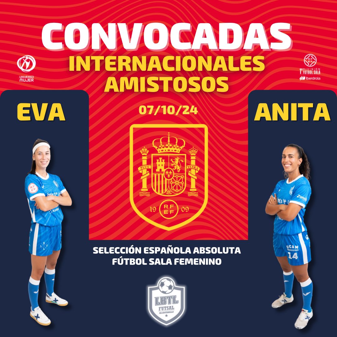 🗣️ Clàudia Pons da la lista para los encuentros de los días 17 y 19 en Rio Maior

🇪🇸 Eva González y Anita convocadas con la selección española absoluta de fútbol sala femenino para disputar el próximo internacional ante la selección portuguesa.

¡Mucha suerte 🍀!
