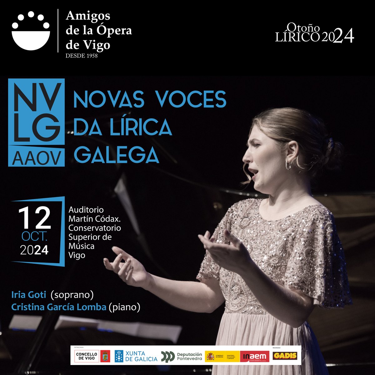 El próximo sábado día 12, en nuestro ciclo "Novas Voces", soprano Iria Goti quién, acompañada al piano por Cristina García Lomba, interpretará canciones, arias y romanzas de autores como Bizet, Mozart, Turina, Lecuona, Granados o Fernández Caballero, entre otros autores.