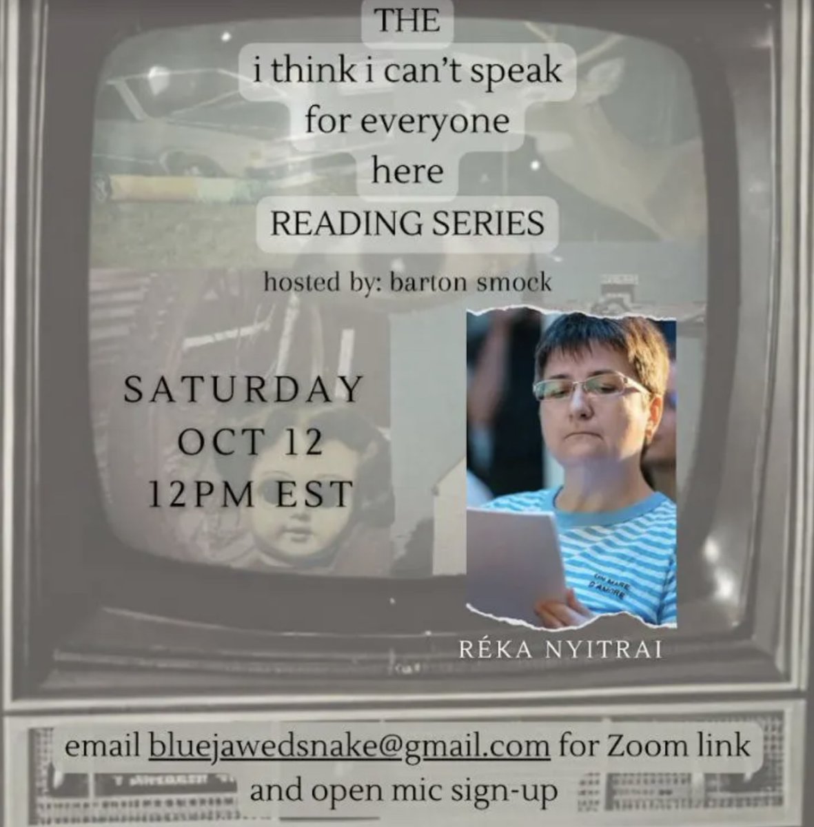 Looking forward to hearing <a href="/nyitraireka1/">nyitrai_reka</a> read this Saturday! Love this Zoom series (with an open mic at the end)