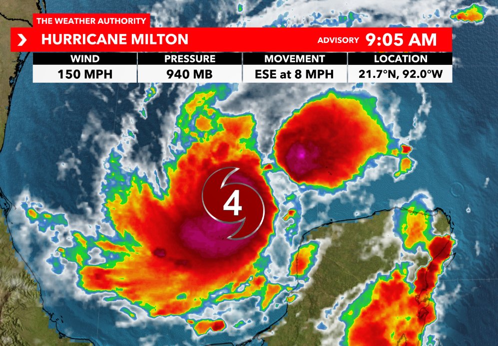#BREAKING: Milton is now a Category 4 with winds of 150 mph as it rapidly intensifies in the Gulf of Mexico according to data from the Hurricane Hunters. Pressure is at 940 mb and falling. #Milton