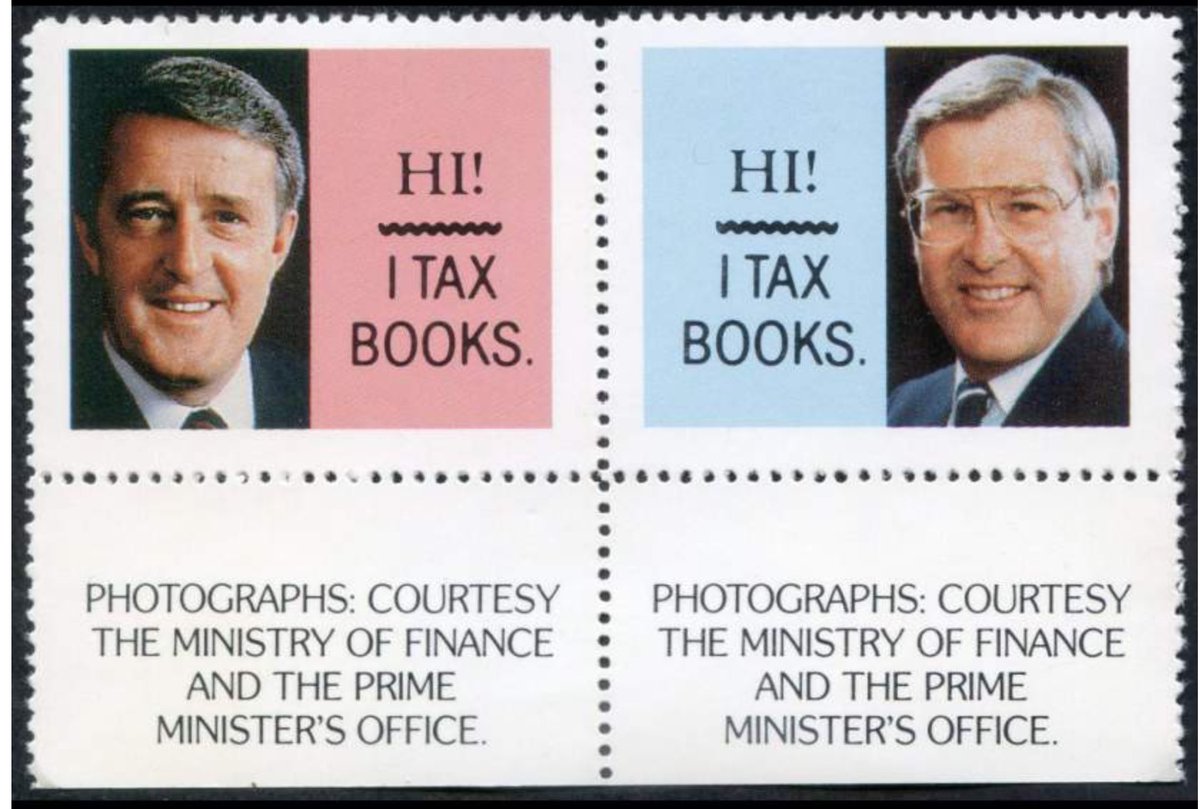 TheRealDKGray's tweet photo. I remember when the GST was introduced. 

It was going to be the “end of Canada”. 

They made commemorative stamps about taxing books (below). 

Chrétien won the next election in a landslide on a promise to repeal it. 

People saying Axe the Tax because the carbon tax is “not popular”, show me a tax that is popular, you fucking morons.