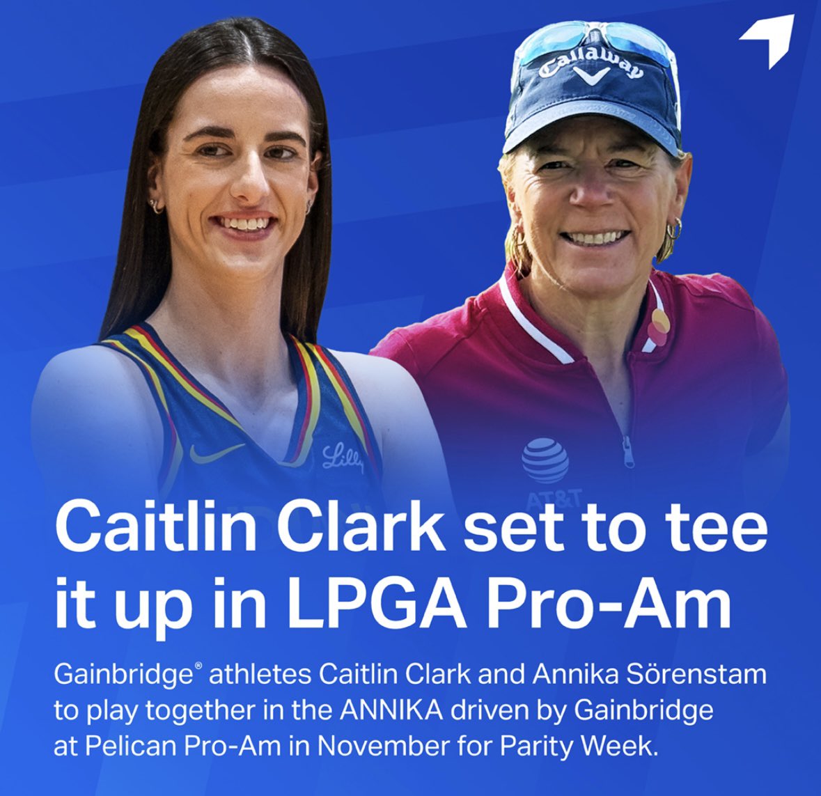 We are so excited to have <a href="/CaitlinClark22/">Caitlin Clark</a> join us at <a href="/theANNIKAlpga/">The ANNIKA driven by Gainbridge at Pelican</a>. She will do a fireside chat with <a href="/ANNIKA59/">Annika Sorenstam</a> at our Women’s Leadership Summit on Tuesday, and play with Annika in the pro am Wednesday. <a href="/LPGA/">LPGA</a> <a href="/GainbridgeLife/">Gainbridge</a> #ParityWeek