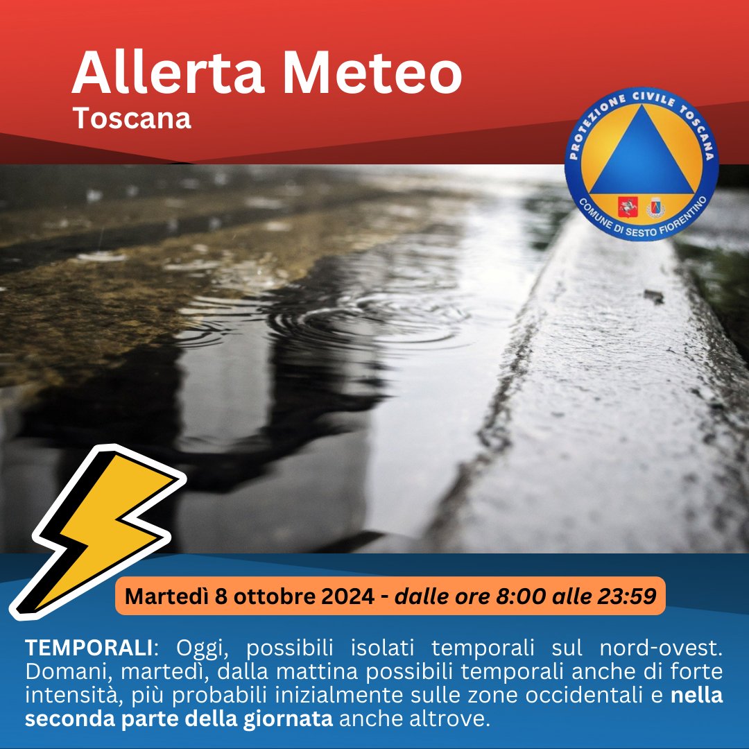 PCSesto's tweet photo. 🟠#AllertaMeteoTOS

⚠️ #8ottobre:
⚡️ #TEMPORALE FORTE
🌧️ IDROGEOLOGICO-IDRAULICO RETICOLO MINORE
💧 IDRAULICO RETICOLO PRINCIPALE

#PCSesto #ProtezioneCivile #SestoFiorentino #Firenze #Toscana #7ottobre #Arezzo #Grosseto #Livorno #Lucca #MassaCarrara #Pisa #Pistoia #Prato #Siena https://t.co/t3T7OpDGnf