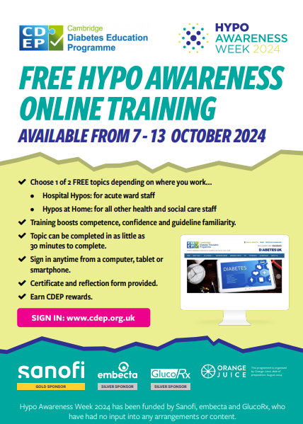eandndiabetes's tweet photo. This is a fantastic opportunity for community staff as well as bed based staff to access free hypoglycaemia awareness training through the Cambridge Diabetes Education Program. Access the training whilst it's free @HCTNHS #HAW2024#HypoAwarenessWeek#HypoChampion https://t.co/DQ88sCKRiO