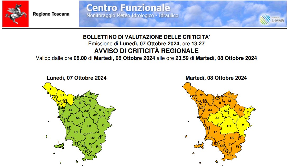 🟠#AllertaMeteoTOS

⚠️ #8ottobre:
⚡️ #TEMPORALE FORTE
🌧️ IDROGEOLOGICO-IDRAULICO RETICOLO MINORE
💧 IDRAULICO RETICOLO PRINCIPALE

#PCSesto #ProtezioneCivile #SestoFiorentino #Firenze #Toscana #7ottobre #Arezzo #Grosseto #Livorno #Lucca #MassaCarrara #Pisa #Pistoia #Prato #Siena