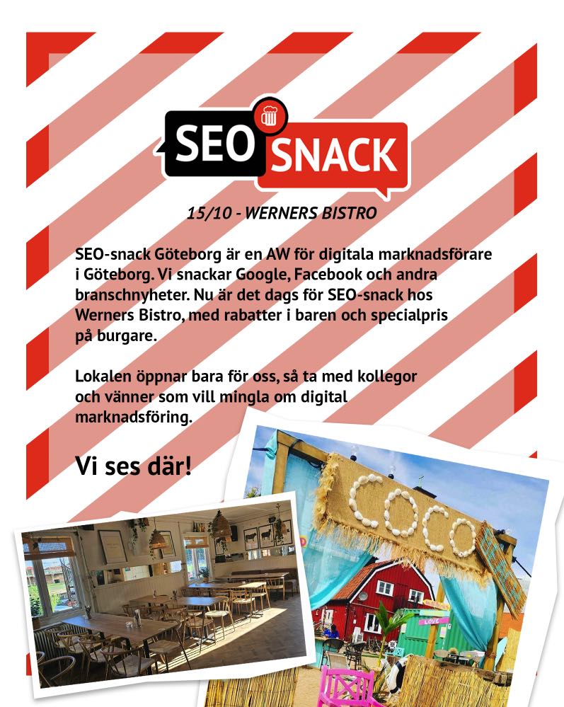 andyseomtb's tweet photo. Då var det återigen dags för SEO-snack i Göteborg på tisdag i nästa vecka. Jobbar du inom digital marknadsföring eller studerar så hoppas jag vi ses för en fantastisk bransch-AW! Länk till anmälan i min bio.

#seo #seosverige #digitalmarknadsföring #aw #seosnack #seosnackgbg https://t.co/e1FbnSYmOo