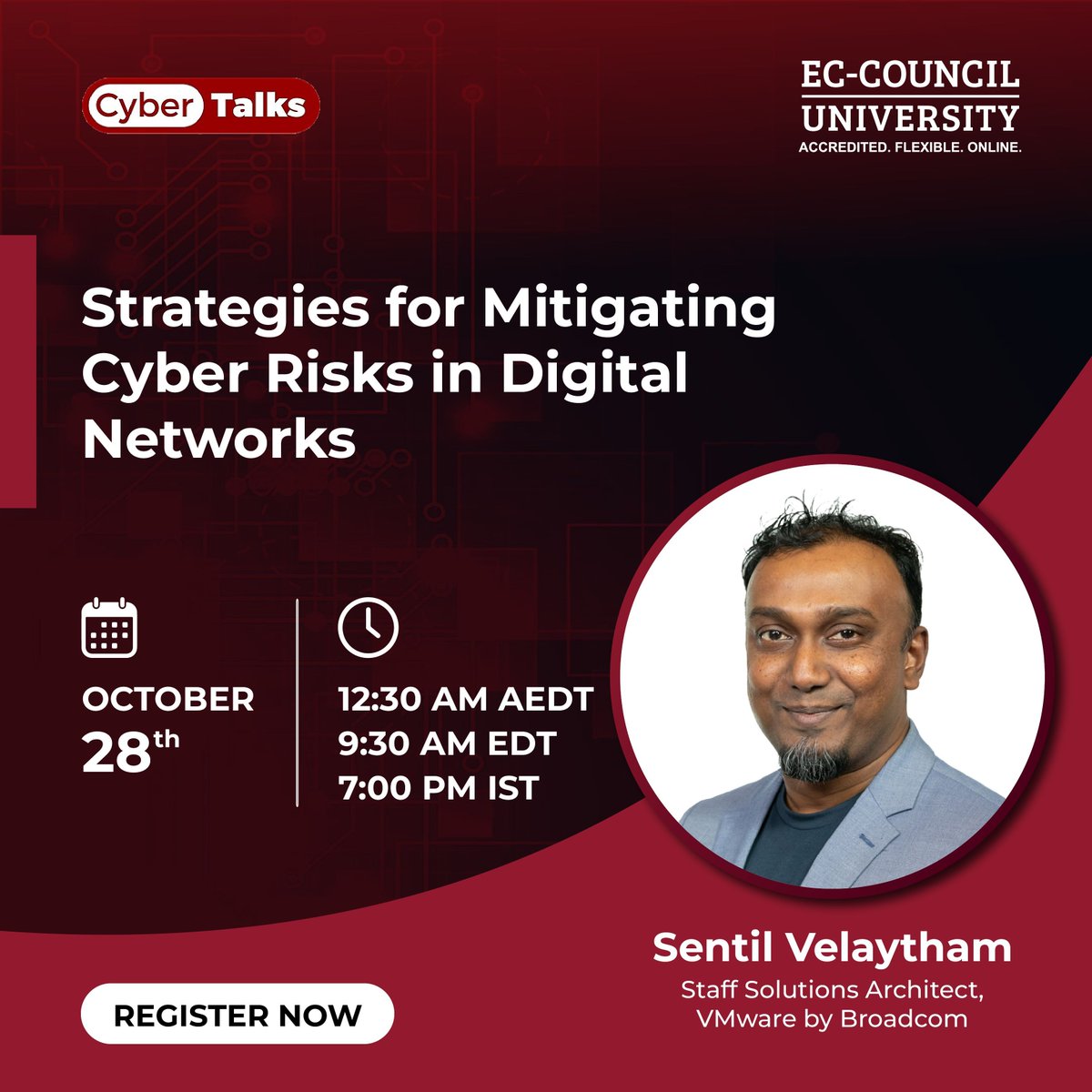 ECCOUNCIL's tweet image. Join our #Webinar on October 28, led by Sentil Velaytham, to explore the current #ThreatLandscape, emerging #CyberRisks, proactive defense strategies, and ways to build a #CyberResilience framework. 

Register now: buff.ly/3YgXfPq

#ECCouncil #Cybersecurity