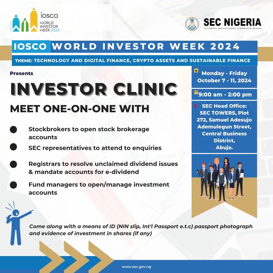 The Commission is organising an Investor Clinic at  its head office in Abuja, and zonal office in Lagos, PortHacourt and Kano States to address issues that bothers investors about their investments in the capital market. 

See details in the flyer. Zonal addresses loading.