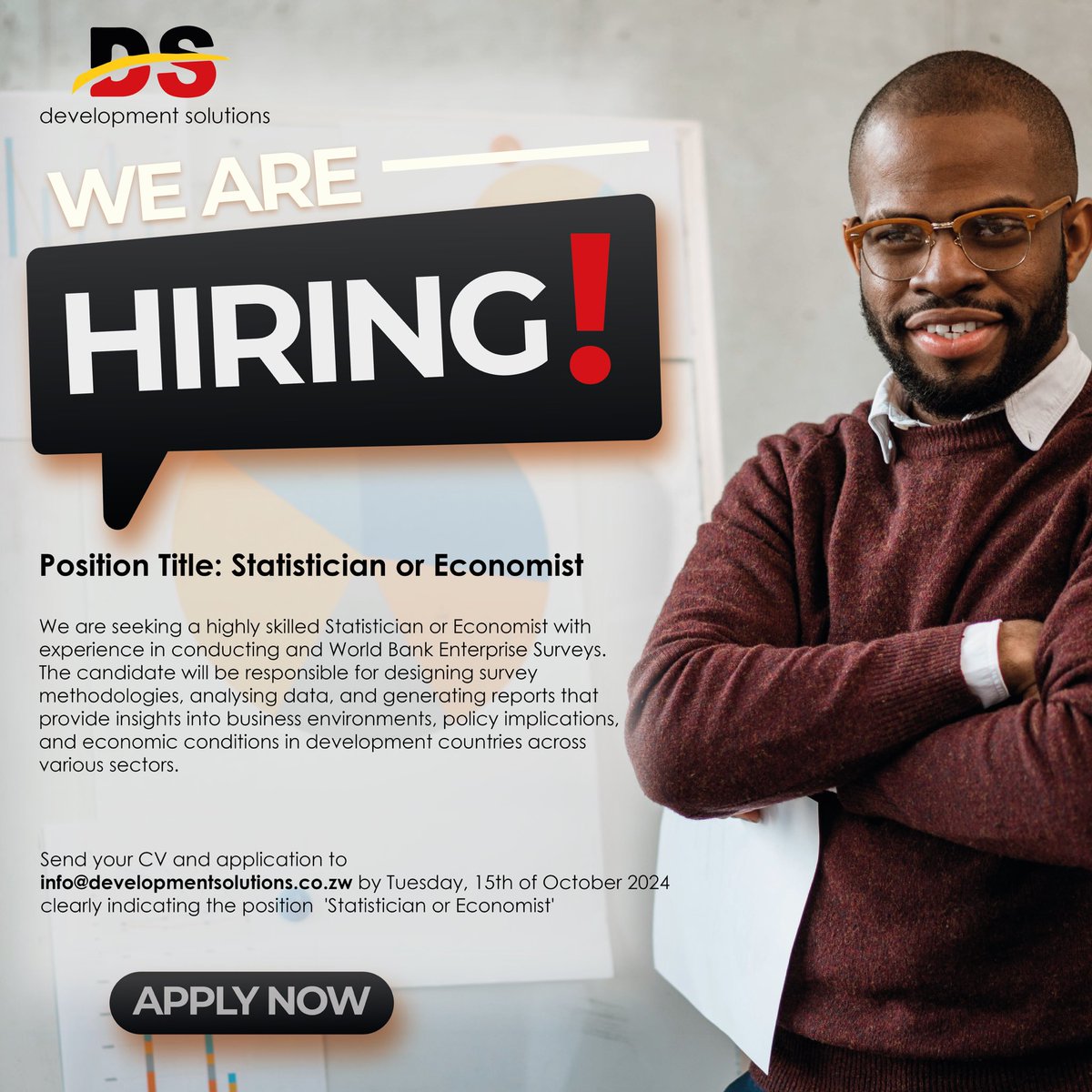 DevelopmentSol7's tweet image. #Opportunity we seek a highly skilled Statistician or Economist with experience conducting World Bank Enterprise Surveys.

Send your CV and applications to  info@developmentsolutions.co.zw by Tuesday, 15th of October 2024.
 #vacancy #opportunities #wearehiring