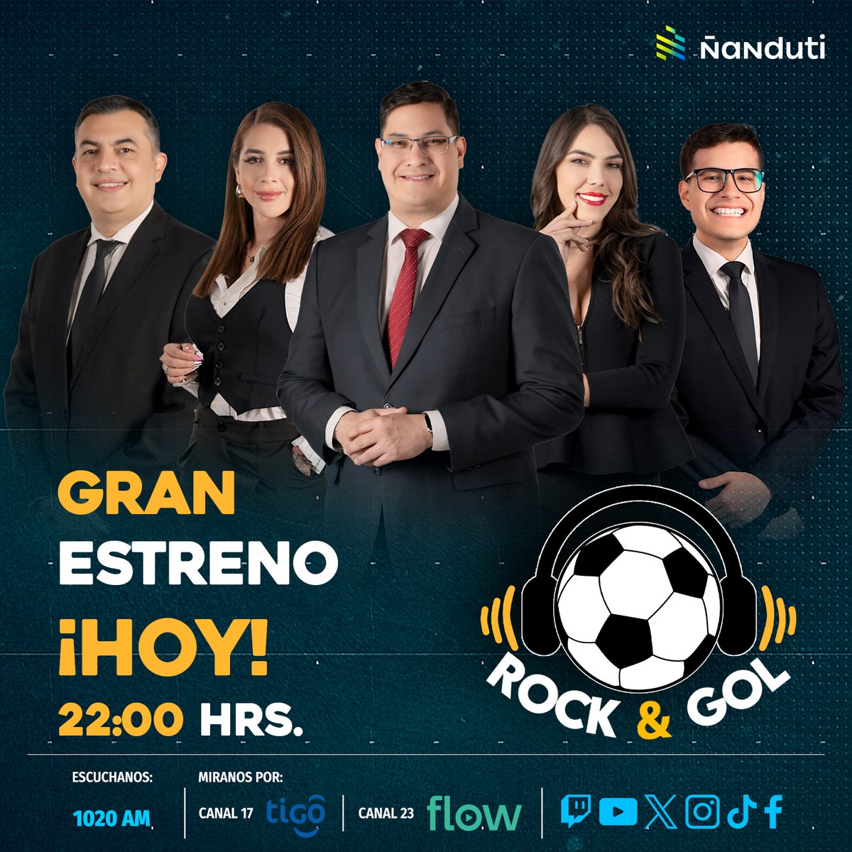nanduti's tweet photo. ¡LLEGO EL GRAN DÍA!❤️‍🔥⚽️

Hoy desde las 22:00 hrs disfruta EN VIVO y EN DIRECTO el gran estreno de #RockAndGol 🎧 

👉 Canal 17 de #TigoStar y Canal 23 de #Flow 📺 
👉 A través de todas las plataformas de @nanduti1020 y los mejores momentos por @rockandpoppy 

#RockandPop 🎸
#955FM ⚡
