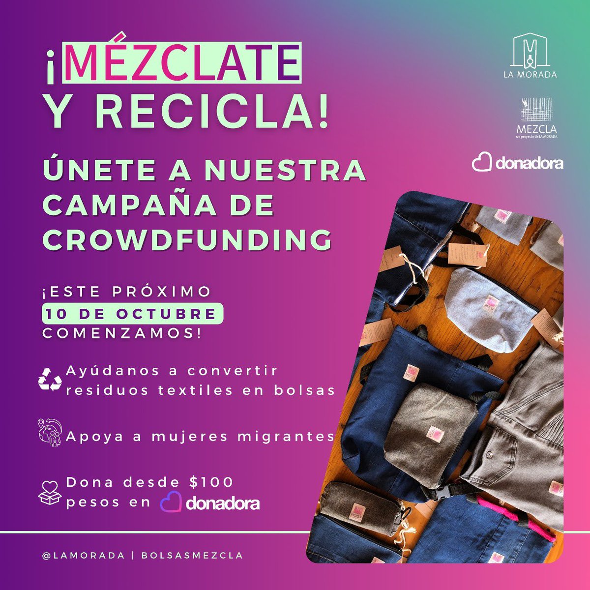 ¡Feliz inicio de semana! ¿Saben que sucederá este jueves? Lanzaremos nuestra campaña de recaudación de fondos MÉZCLAte y recicla, para unir fuerzas y ayudar al medio ambiente.  ¡Estén pendientes! #MÉZCLAteYRecicla 
#upcycling #suprarreciclaje #crowdfunding