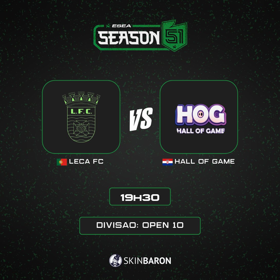 I GUESS WE'RE BACK AGAIN 

🏆 <a href="/ESEA/">ESEA League</a> Season 51
⚔️ <a href="/LecaFCEsports/">Leça FC Esports</a> 🆚 #HALLOFGAME
🕣 19H30
📺 Twitch.tv/sinon__cs

Mais uma volta, mais uma viagem! Farei o melhor para acompanhar as equipas 🇵🇹 em mais uma temporada!
Boa sorte a todos 🍀

Hoje vamos com os Leça ⤵️
<a href="/999tw1sty/">tw1sty</a>