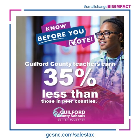 BSMSPhoenix's tweet image. Know before you vote: The current teacher salary supplement in Guilford County is, on average, 35% lower than that in peer counties (Forsyth, Durham, Mecklenburg, and Wake).
gcsnc.com/salestax #smallchangeBIGIMPACT
