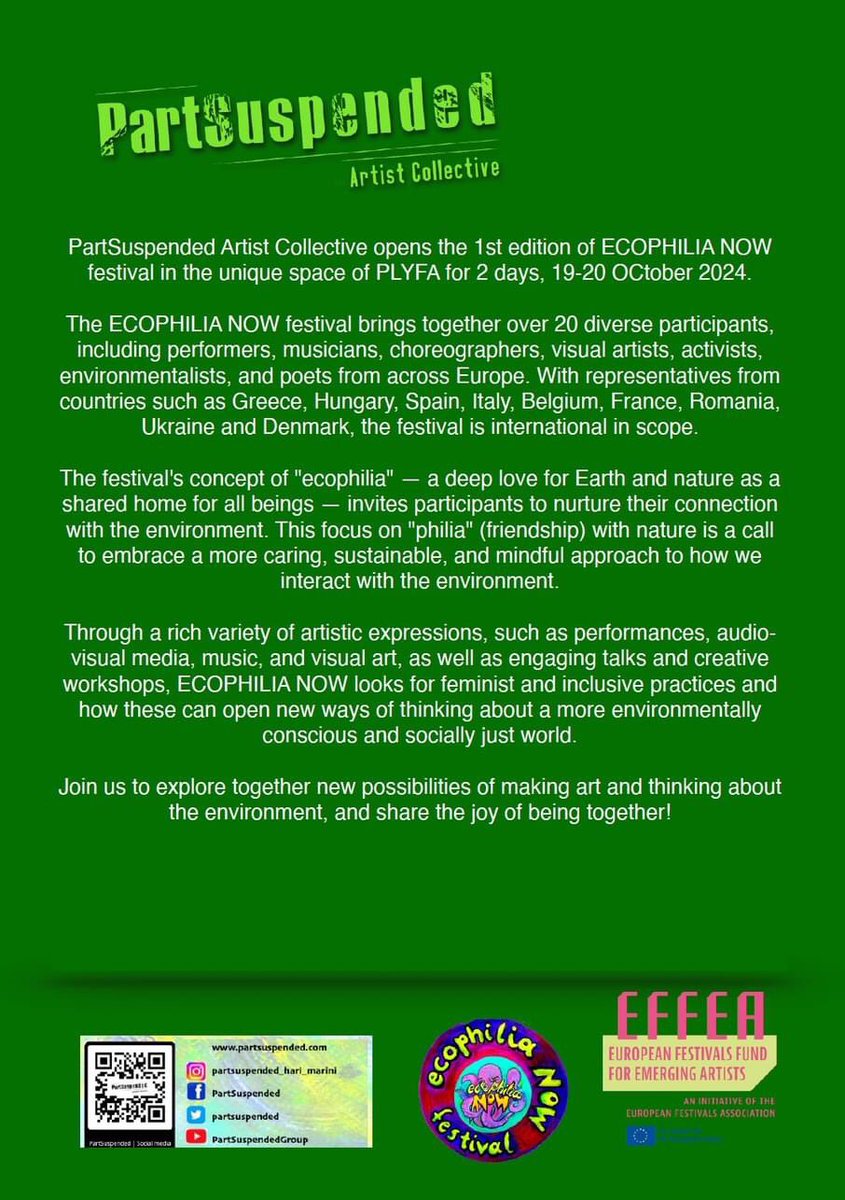 🌈ECOPHILIA NOW festival 2024
19-20 October, PLYFA
20 diverse participants, including performers, musicians, choreographers, visual artists, activists, environmentalists, and poets from across Europe
Info &amp; program
📌partsuspended.com/productions/ec…
📌ticketservices.gr/event/ecophili…
#ecophilianow