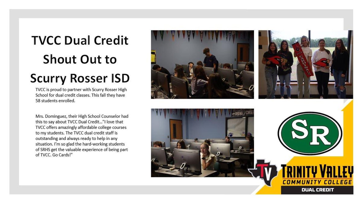 Trinity Valley is proud to partner with Scurry Rosser High School to bring Dual Credit opportunities for their students. Way to go CARDS!!