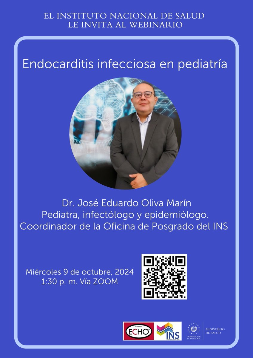 🩺Le invitamos a nuestro próximo Webinario: Endocarditis infecciosa en pediatría, impartido por el Dr. Eduardo Oliva, Pediatra, infectólogo y epidemiólogo.
👉miércoles 9 de octubre 2024.
👉1.30 p.m.
echo.zoom.us/meeting/regist…