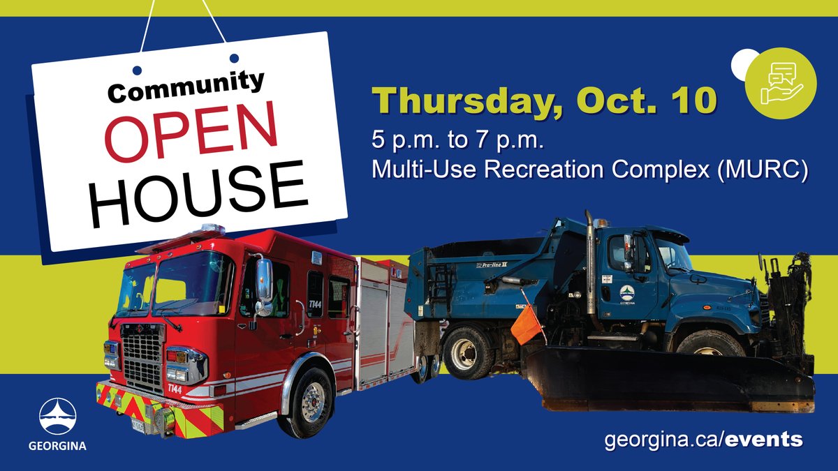 Join us for the Community Open House at the MURC on Thursday, Oct. 10, from 5pm-7pm. Get an up-close look at some of the Town’s coolest vehicles, win prizes &amp; more. Explore job opportunities, recreation programs &amp; Town projects. georgina.ca/events. bit.ly/47XknFG