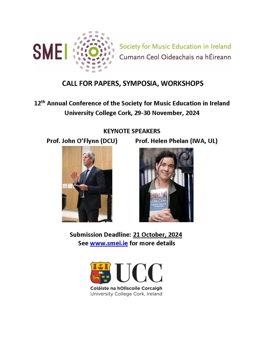 Society for Music Ed in Ireland (SMEI) (@smeinews) on Twitter photo SMEI is delighted to announce Keynote Speakers Professors @JohnHOFlynn & <a href="/helenphelan18/">Helen Phelan</a> for 12th annual #SMEI2024 conference! <a href="/MusicUCC/">Department of Music, UCC</a> See call for papers smei.ie/events/annual-… SMEI is delighted to announce Keynote Speakers Professors @JohnHOFlynn & <a href="/helenphelan18/">Helen Phelan</a> for 12th annual #SMEI2024 conference! <a href="/MusicUCC/">Department of Music, UCC</a> See call for papers smei.ie/events/annual-…