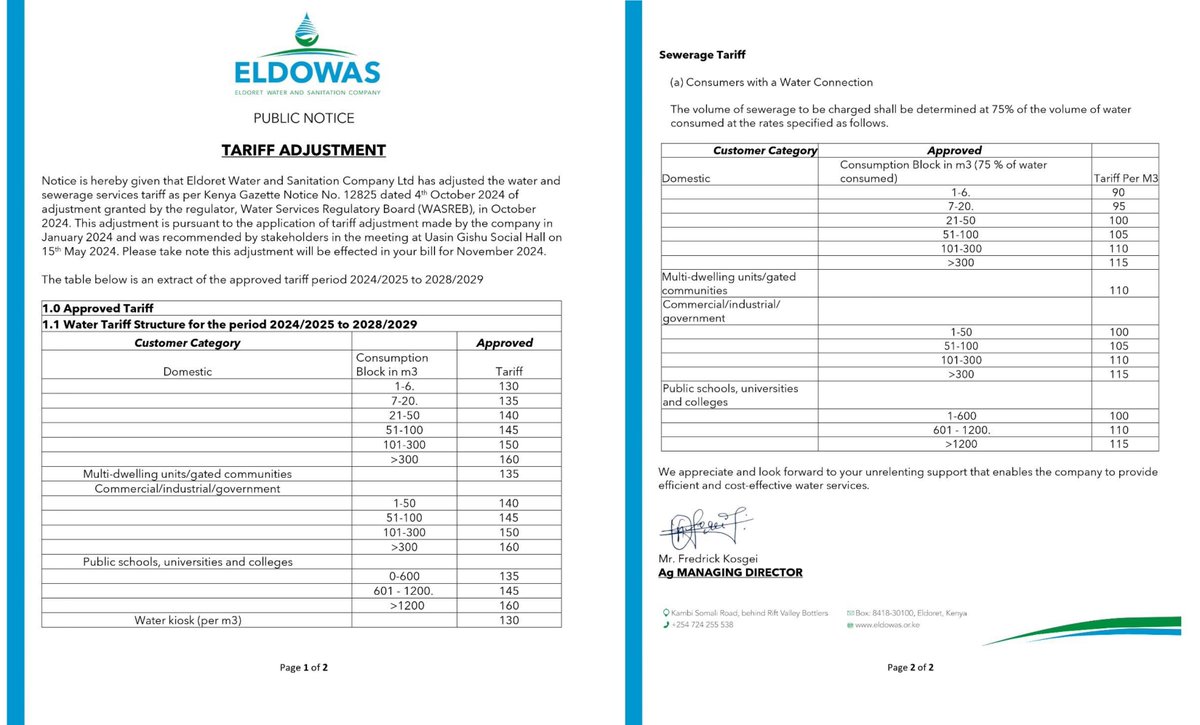 eldowasco's tweet photo. 📷Public Notice: Tariff Adjustment📷
This is to inform our customers of an adjustment to water and sewerage services tariffs, approved by WASREB. This change will take effect in your November 2024 bill.
#EnhancingQualityOfLife https://t.co/DqAXpkZPVM