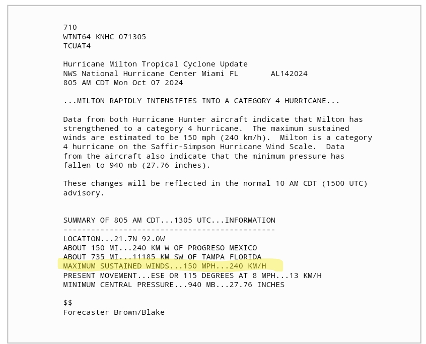 CORRECTION: at 905 am EDT, an update was issued, bumping max sustained winds from 125 mph to 150 mph!

Meaning, a 25 hr increase of... wait for it... 90 mph!

ALMOST 3x THE RAPID INTENSIFICATION REQUIREMENT! #HurricaneMilton 😳😳😳