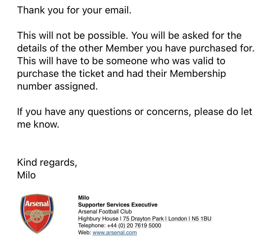 chris_ellsmore's tweet photo. @korkazim @gabbykosky @AFCFixtureNews I asked arsenal the same qs and was told it isn’t possible 🤷‍♂️ https://t.co/3A1ElqLI4B