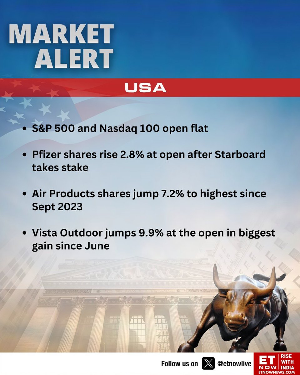 ETNOWlive's tweet photo. #USMarketsAtOpen | S&P 500, Nasdaq 100 open flat and other significant updates 👇
#Pfizer #AirProducts #VistaOutdoor @Nasdaq https://t.co/Gk3LgpY9ZI