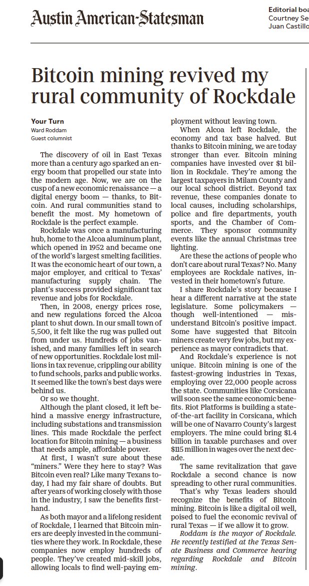 Fantastic op-ed by Mayor Ward Roddam <a href="/redeyeleader/">Ward Roddam</a> in the Austin-American Statesman:

"Bitcoin Mining Revived My Rural Community of Rockdale"

Bitcoin mining is like a digital oil well, poised to fuel the economic revival of rural Texas

👏👏👏🇺🇸🇺🇸🇺🇸

statesman.com/story/opinion/…
