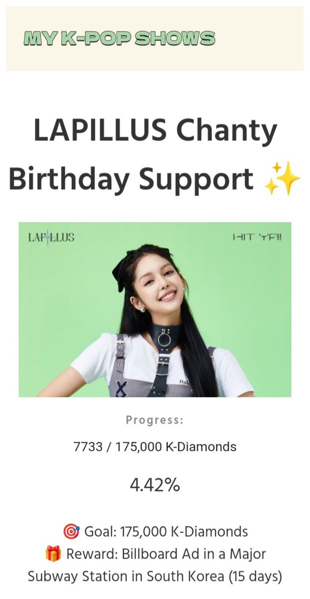 RynAldenese's tweet photo. [MYKPOPSHOW]
Chanty Birthday Support 🎂🎈

voting ends: Nov. 25, 2024

🎁 Reward:
Billboard Ad in a Major Subway Station in South Korea 🇰🇷(15 days)

👇vote #Lapillus_Chanty here: https://t.co/s82iDcFk6i https://t.co/Xs1yFc18v1