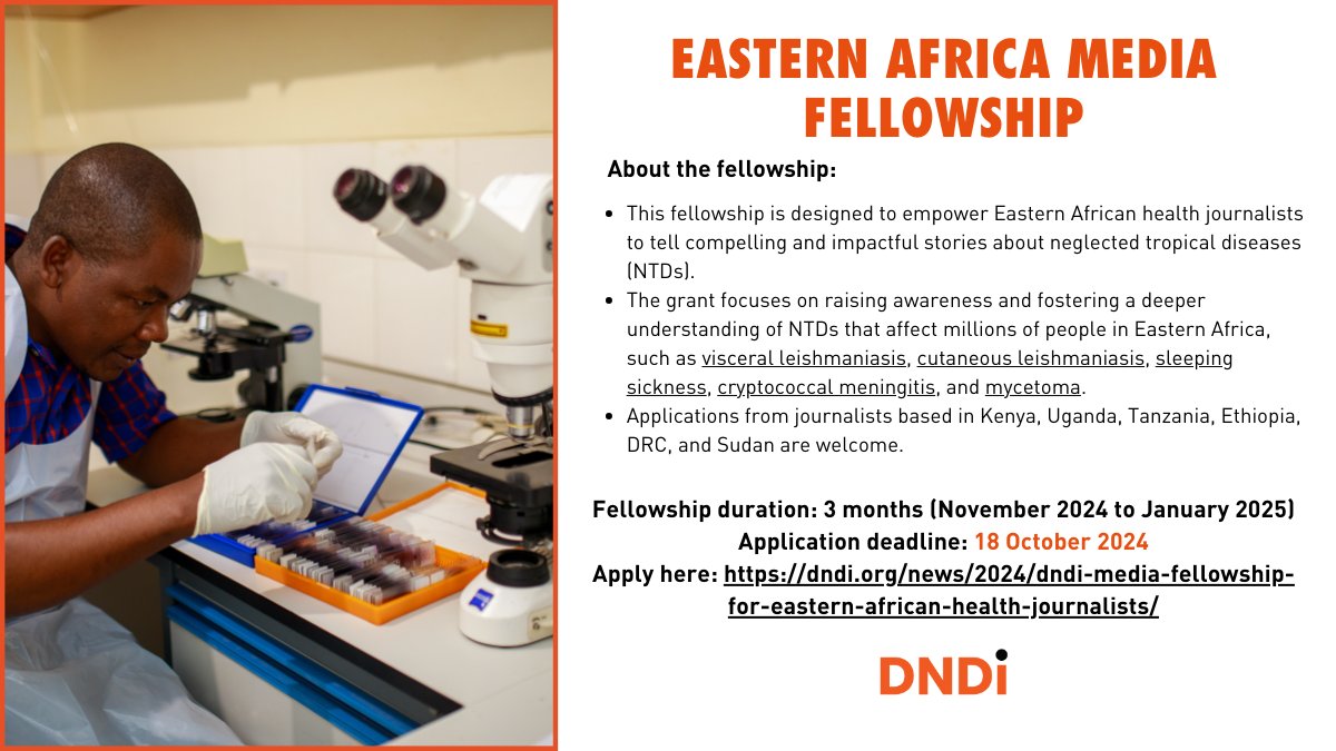 Prof Sam Kariuki, BVM, MSc, PhD, DSc (Hons, LSTM) (@eadirectordndi) on Twitter photo Are you a health journalist based in Kenya, Uganda, Tanzania, Ethiopia, DRC & Sudan. Applications to the <a href="/DNDi/">Drugs for Neglected Diseases initiative</a> Eastern Africa media 🗞️📻📹 fellowship are now open!
Be empowered to tell compelling & impactful stories about #NTDs. Apply by 18 Oct, 2024.⬇️ bit.ly/3ZOdZP3 Are you a health journalist based in Kenya, Uganda, Tanzania, Ethiopia, DRC & Sudan. Applications to the <a href="/DNDi/">Drugs for Neglected Diseases initiative</a> Eastern Africa media 🗞️📻📹 fellowship are now open!
Be empowered to tell compelling & impactful stories about #NTDs. Apply by 18 Oct, 2024.⬇️ bit.ly/3ZOdZP3