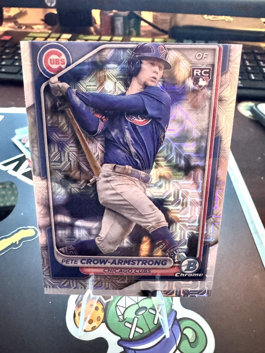 SeaSickMutant's tweet photo. Just opened two bowman chrome mega boxes with my son that I ordered from @Fanatics - every single pack/ card was the same?!? Highlight of the box? This butchered @PSAcard 1 of PCA … what you think @CardPurchaser - #dobettertopps @Topps https://t.co/SuEUh8uNC9