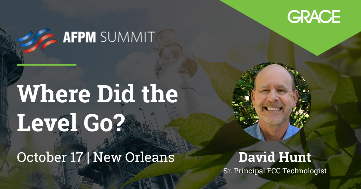 Join David Hunt, Sr. Principal FCC Technologist from Grace’s Global Customer #Technology team at the <a href="/AFPMonline/">AFPM</a> Summit in New Orleans on Thursday, Oct. 17. as he tackles the topic of fluctuating #catalyst levels in #FCC.

Don’t miss out! Learn more at afpm.org