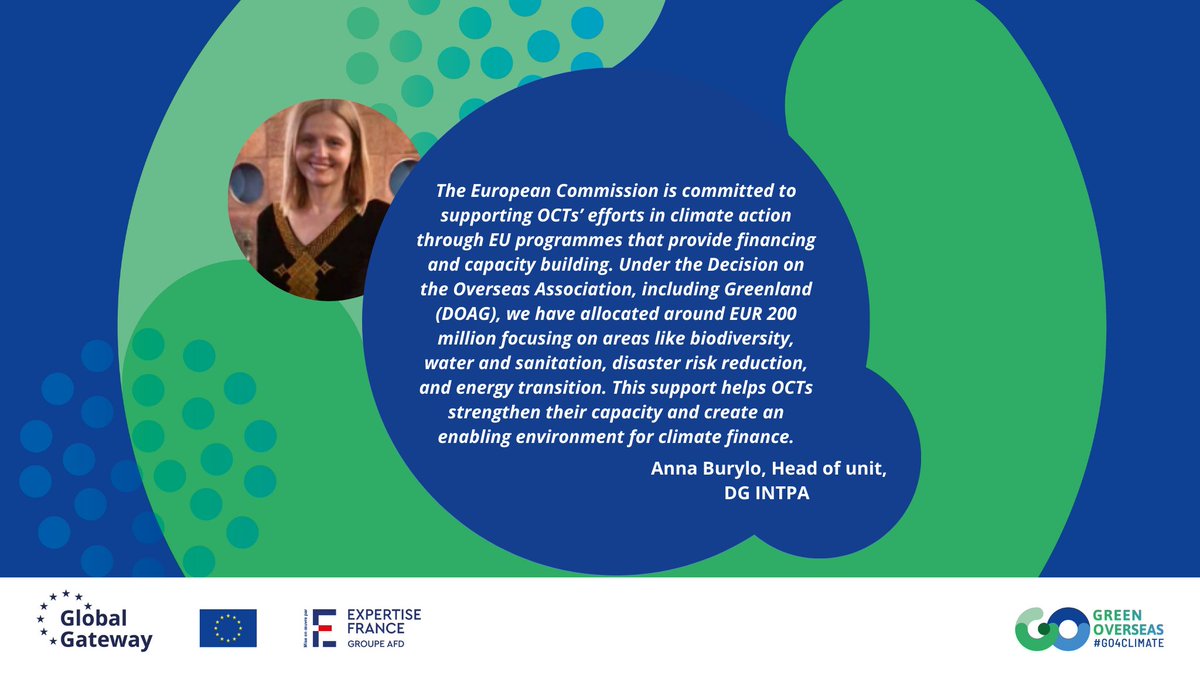 greenoverseas25's tweet photo. 🌱💬 Anna Burylo, Head of Unit at DG INTPA:
"The @EU_Commission is committed to supporting OCTs’ climate action through financing & capacity building."
EUR 200M allocated to:
🌿 Biodiversity
💧 Water & sanitation
🌪️ Disaster risk reduction
⚡ Energy transition
#GOCFF https://t.co/skrlbAS1Kw