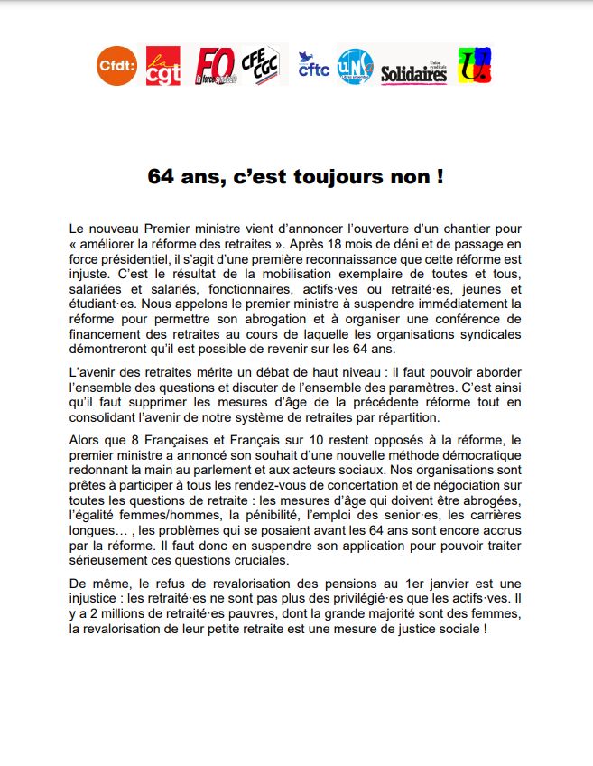 force_ouvriere's tweet image. [#Communiqué intersyndical] 64 ans, c'est toujours non !
"Nous appelons le Premier ministre à suspendre immédiatement la réforme pour permettre son abrogation". ⬇️
&amp;gt;&amp;gt; force-ouvriere.fr/64-ans-c-est-t…
#reformedesretraites #retraites #64ans #64ansCestNon