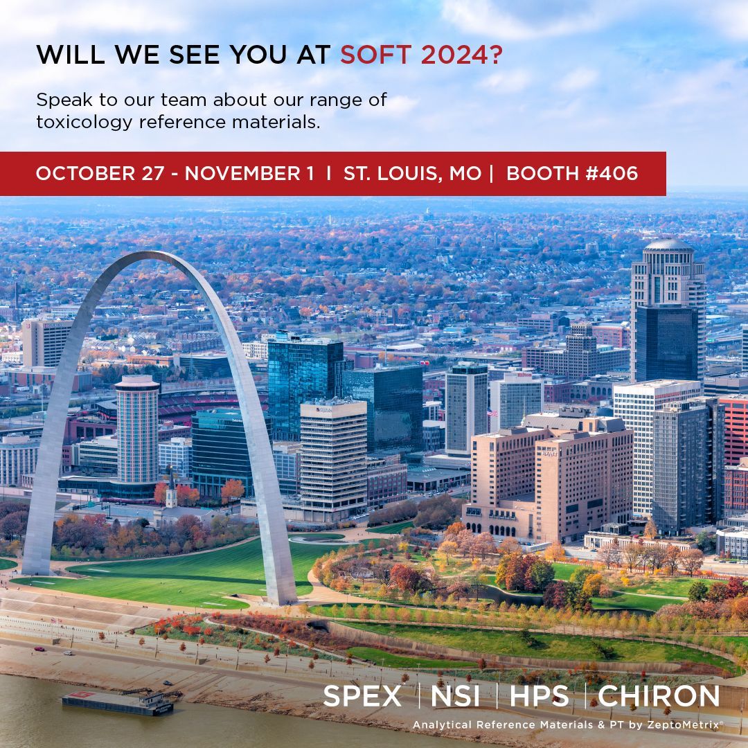 We will be exhibiting at SOFT 2024 in St. Louis, MO, from October 27 - November 1, 2024! Stop by booth #406 to learn more about our innovative portfolio of toxicology reference materials.

#SOFT #SOFT2024 #referencematerials #referencestandards #toxicology #forensictoxicology