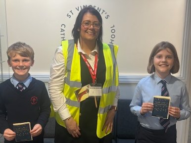 StVincentsPr's tweet photo. Two of our pupils were very excited to greet Mrs Rowe from @bthcc_college and receive their book tokens as prizes from the recent open evening. We can't wait to see what they choose! #passionateaboutlearning https://t.co/DjRUXD1dUV