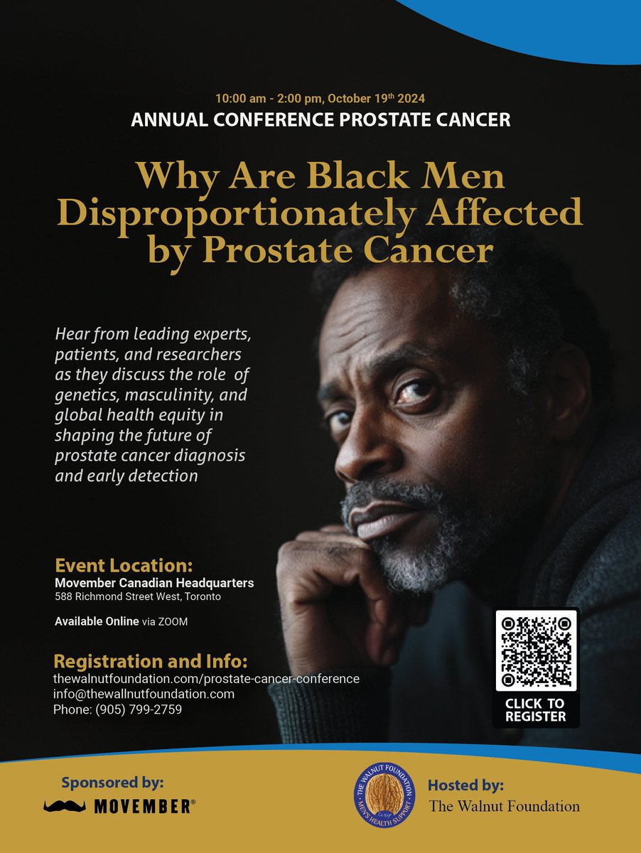 TheWalnutFounda's tweet image. Join experts, patients, and advocates on Oct 19th as we explore the impact of prostate cancer on Black men. Together, we can promote early detection and prevention.
#ProstateCancerAwareness #HealthEquity
Register here: thewalnutfoundation.com/prostate-cance…