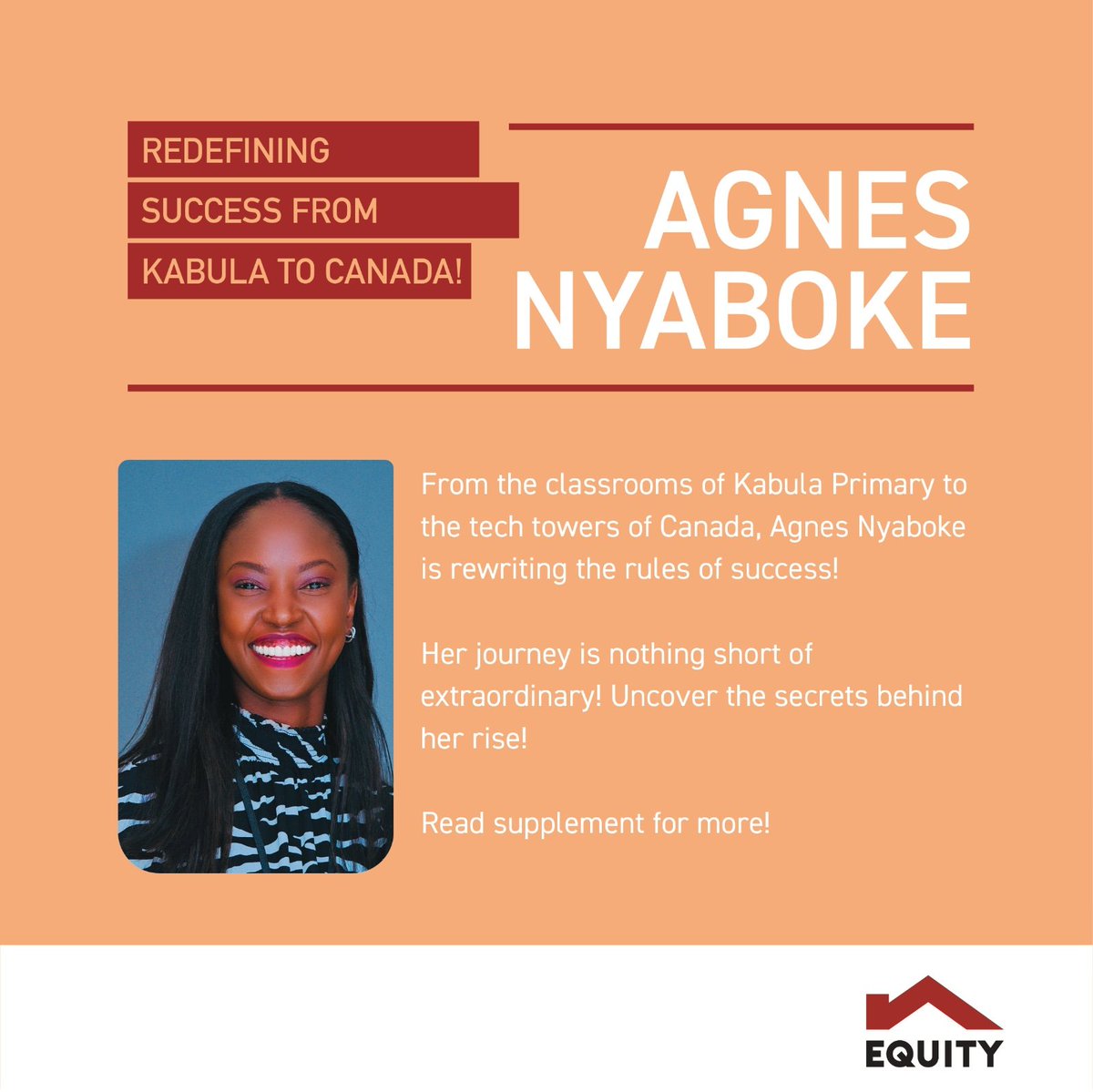 KeEquityBank's tweet photo. Agnes Nyaboke’s story is an embodiment of the true spirit of hardwork and resilience. From humble beginnings in Bungoma, she has made an impact in Kenya and across the world and through the Equity Leaders Program, she has gained the skills and values needed to transform Africa. https://t.co/BiU93XYv7m