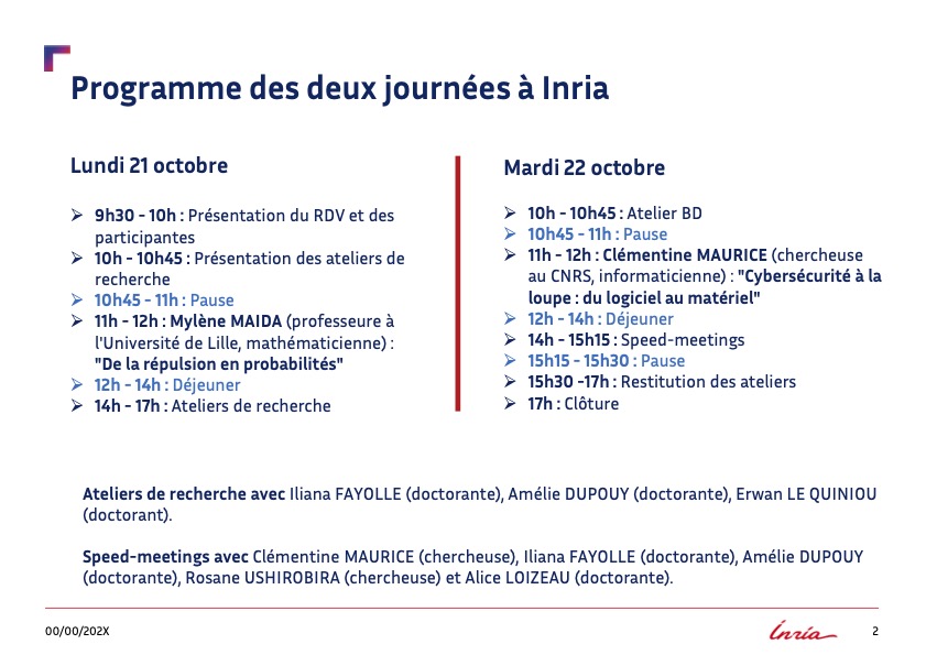FillesEtMaths's tweet photo. Découvrez le programme du prochain #RJMI du centre @Inria_Lille 🎉
🧠Ateliers de recherche : Explorez des sujets en maths et en informatique
👩🏫Conférences : Rencontrez des intervenantes inspirantes
👩💻Speed-meeting : Discutez avec des professionnelles de leur parcours et travaux https://t.co/cczWqRaJGz