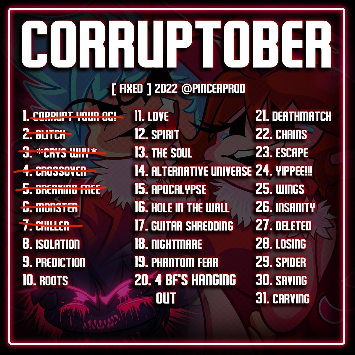Bl3ckDraws's tweet photo. Corruptober Day 6 : Monster.
Corruptober Day 7 : Chiller.
(Eh, i was busy, but yeah , two down!.)
#fnfboyfriend #corruptedbf #fnfcorruption #fnfevilmod https://t.co/HtqZKZYGai