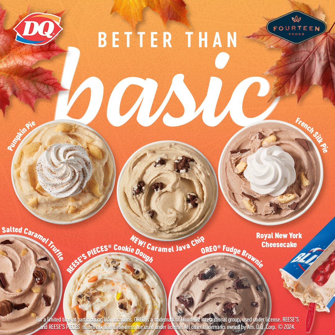 How is everyone enjoying our Fall BLIZZARD menu? Comment your favorite one below! 🍁❄️

#Fall #BLIZZARDS #FourteenFoods #DairyQueen